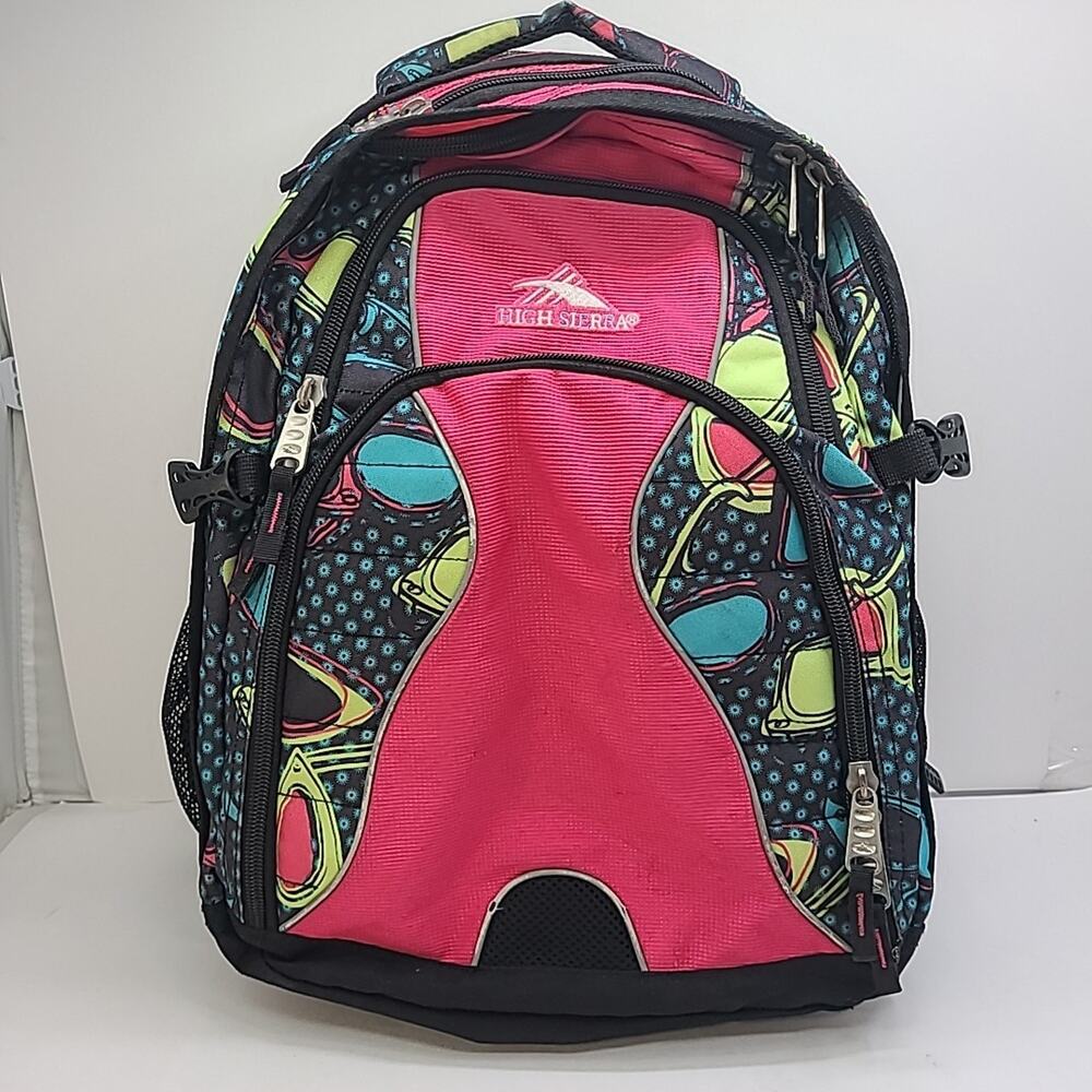HIGH SIERRA Backpack Bag Laptop Tech Padded Black Pink Neon Sunglasses Print